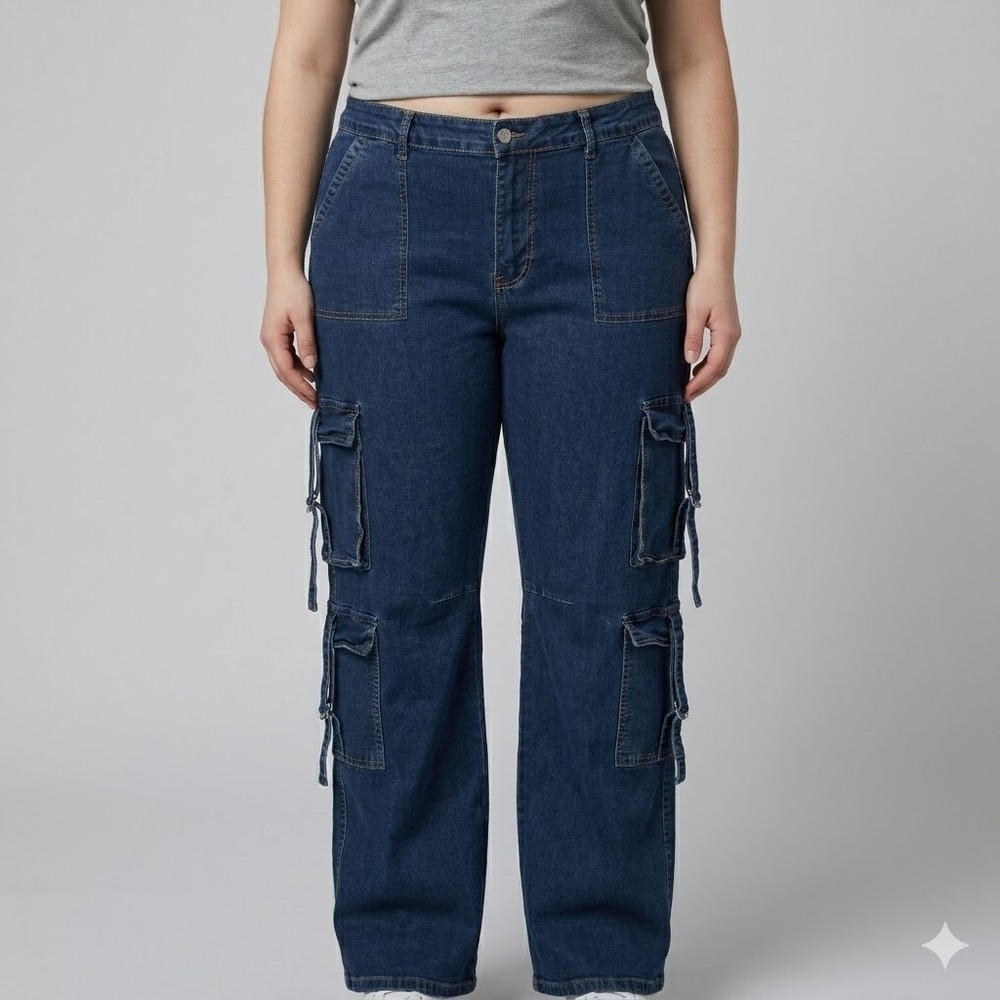 VIP Jeans Wide Leg Cargo Pants Buckle Straps Y2K Aesthetic Size 17/18 Blue